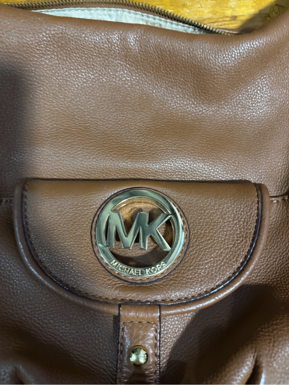 Michael Kors Tan Brown Leather Shoulder Bag with Gold MK Medallion
